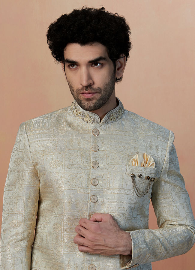 alt message - Manyavar Men Cream Self Design Indo Western image number 0